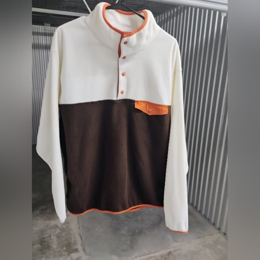 Men's White and Brown Fleece Pullover with Orange Accents